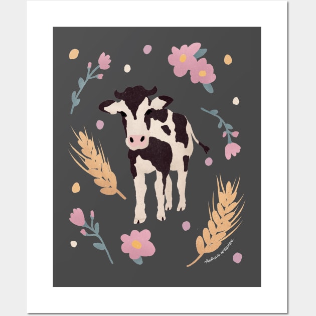 Cow Portrait with Wheat and Flowers Wall Art by Annelie